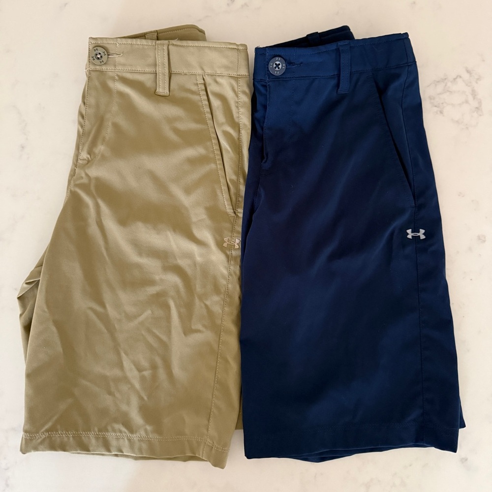Two Youth Med Boy Under Armour Golf Shorts Blue Navy and Khaki Adjustable Waist
